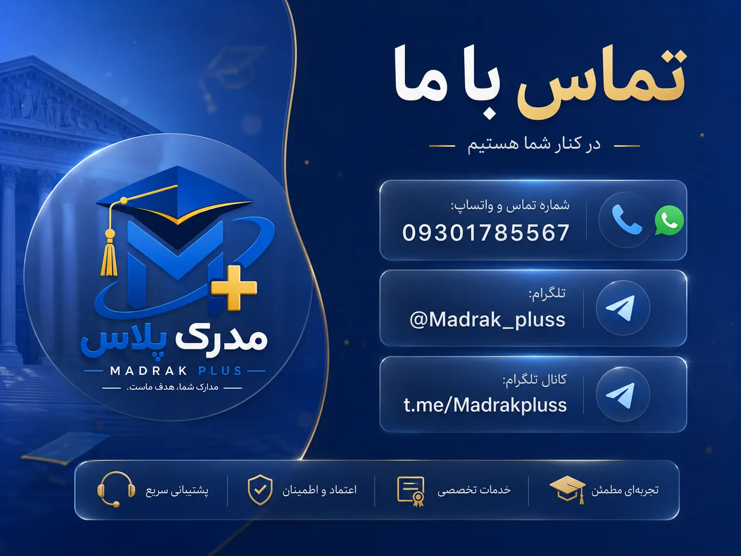 راه های تماس با مدرک پلاس و پشتیبانی خدمات مدارک